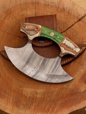 Handmade Damascus Steel Ulu Knife with Pakka Wood Handle